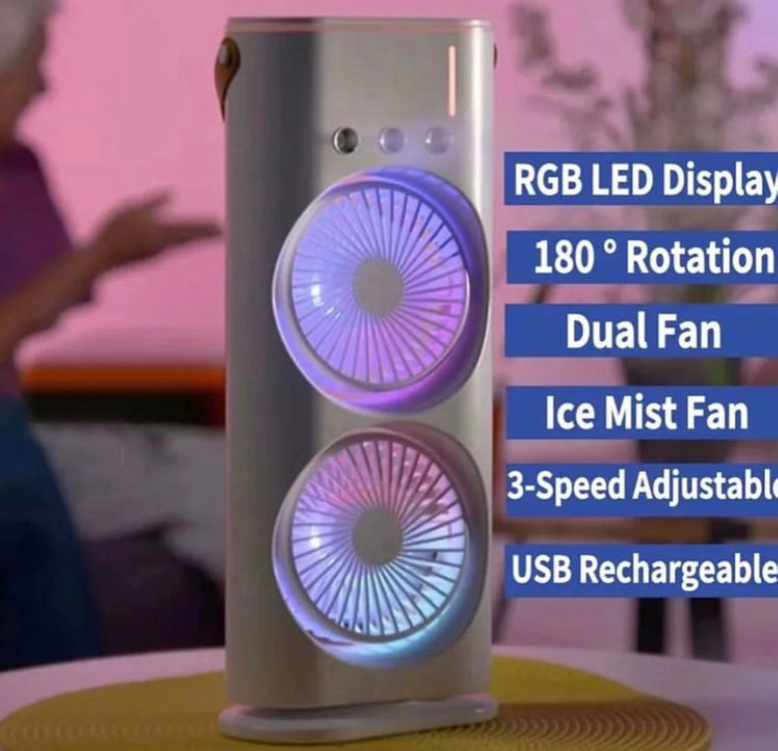 Rechargeable Rotating Spray Fan Automatic Rotating Dual Double Spray Mist Fan with Lightening Effects