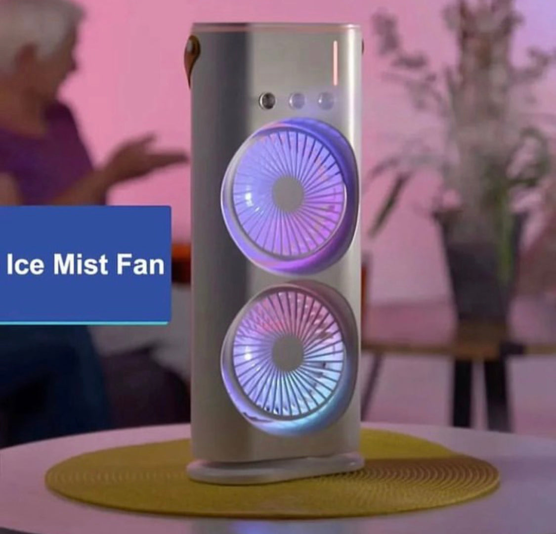 Rechargeable Rotating Spray Fan Automatic Rotating Dual Double Spray Mist Fan with Lightening Effects