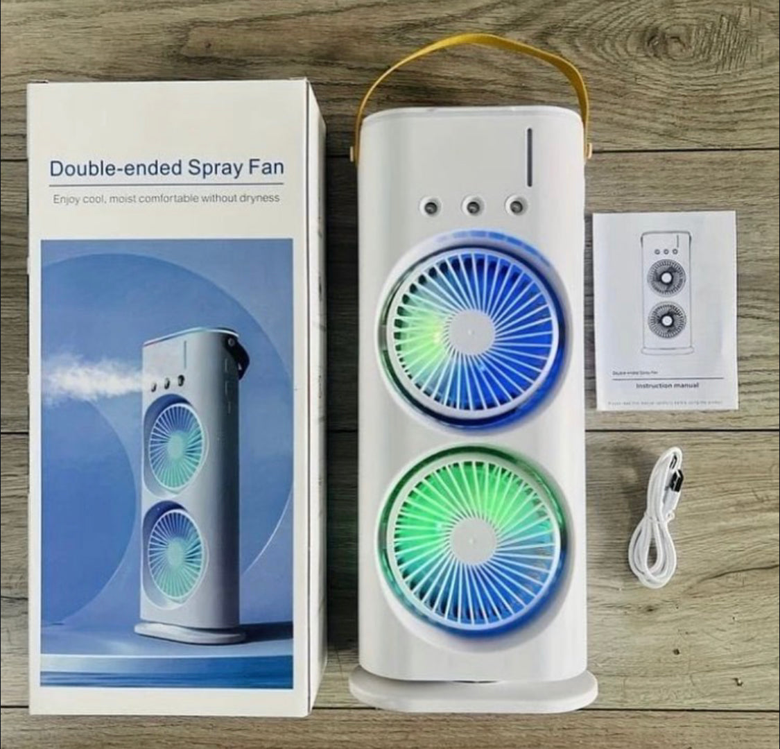 Rechargeable Rotating Spray Fan Automatic Rotating Dual Double Spray Mist Fan with Lightening Effects